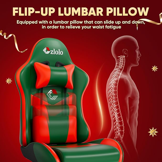 Gaming Chair, Lumbar Support Massage Computer Chair, High Back Gamer Chair, with Footrest and Headrest, Lumbar Pillow, Recline, Wide Seat, Gaming Chairs for Christmas/Birthday Gifts, Green