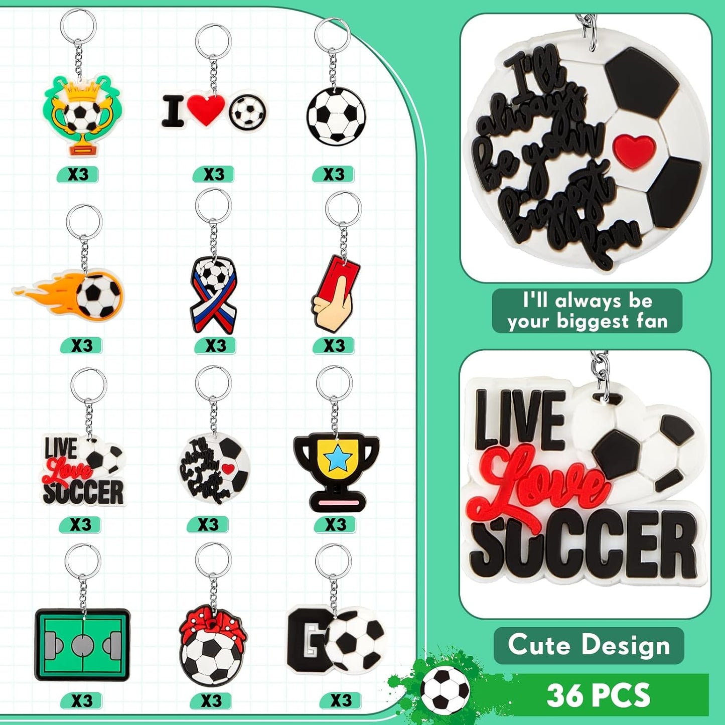 Batiyeer 36 Pack Soccer Keychains Bulk Party Favors Sports Ball Key Chains Funny Keyring Gifts for Birthday Supplies