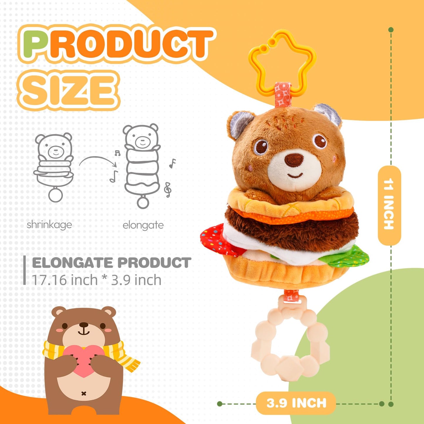 Jollybaby Baby Musical Pull String Hanging Toys for Stroller Car Seat Crib Play Gym, Plush Stuffed Hamburg Bear Toy for Carseat with Music Teether Crinkle, Sensory Toy for 0-6-12-18 Months Baby Gifts