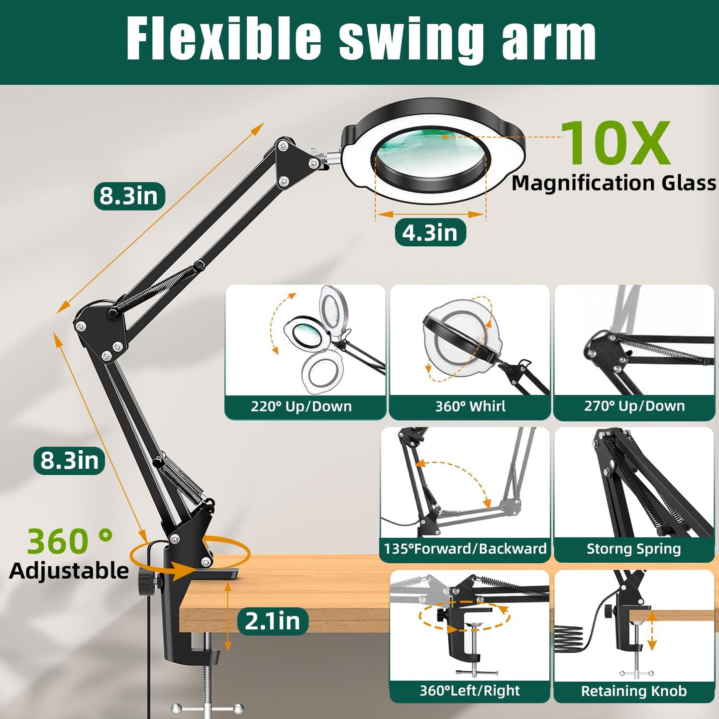 Hands Free Magnifying Glass with Light and Clamp,10X Lighted Magnifying Desk Lamp with 5 Color Modes & 10 Brightness Levels, LED Magnifier with 360° Arm for Reading, Crafts, Soldering, Close Work