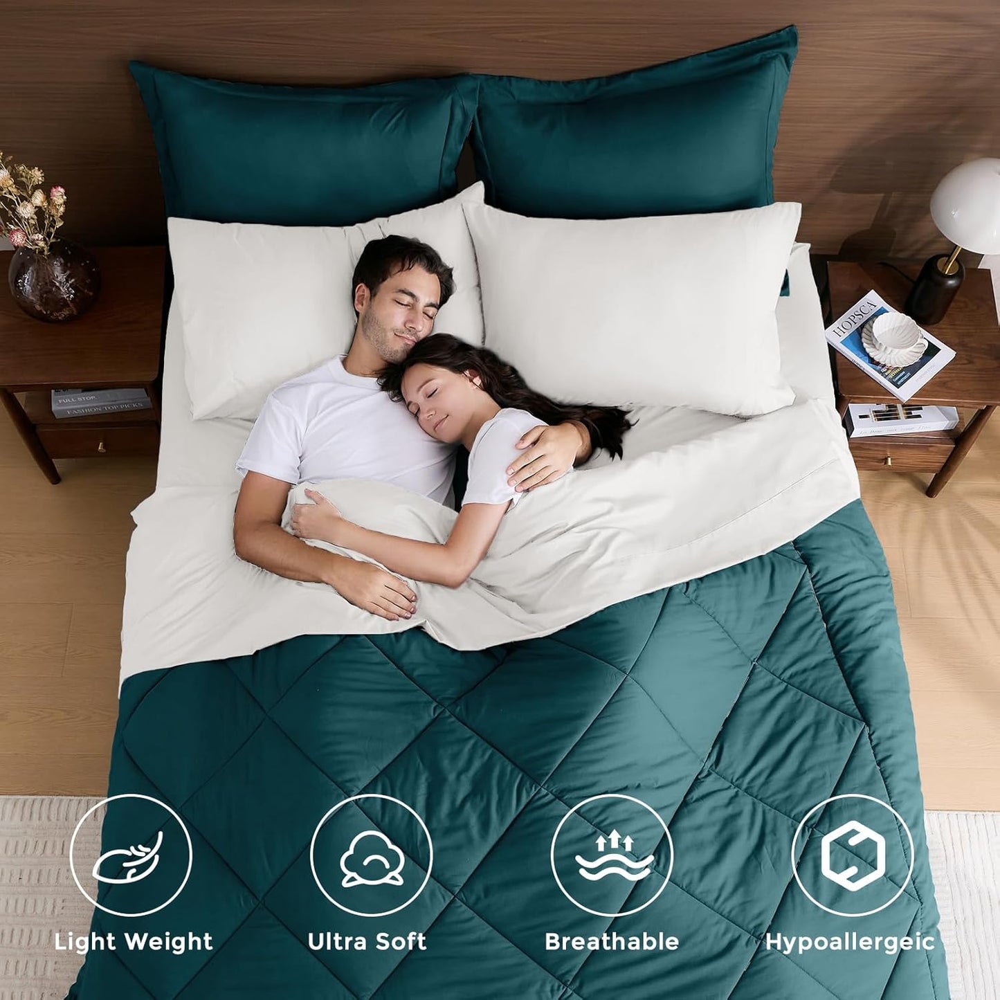 HEVUMYI Full Comforter Set - 7-Piece All Season Bed in a Bag Full, Ultra Soft Bedding Set with Comforter, Flat Sheet, Fitted Sheet, Pillowcases, Pillow Shams, Peacock Blue & Ivory