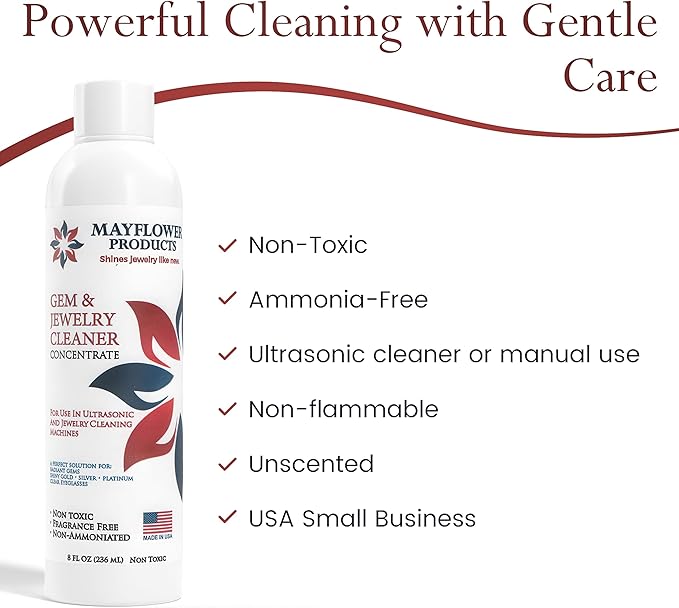 Mayflower Jewelry Cleaner for Ultrasonic Machine Made in USA Non Toxic Tarnish Remover Solution Concentrate 2-pack for Cleaning Gems Diamond Rings Silver Gold and Platinum. Cleans Eyeglasses (16 oz)