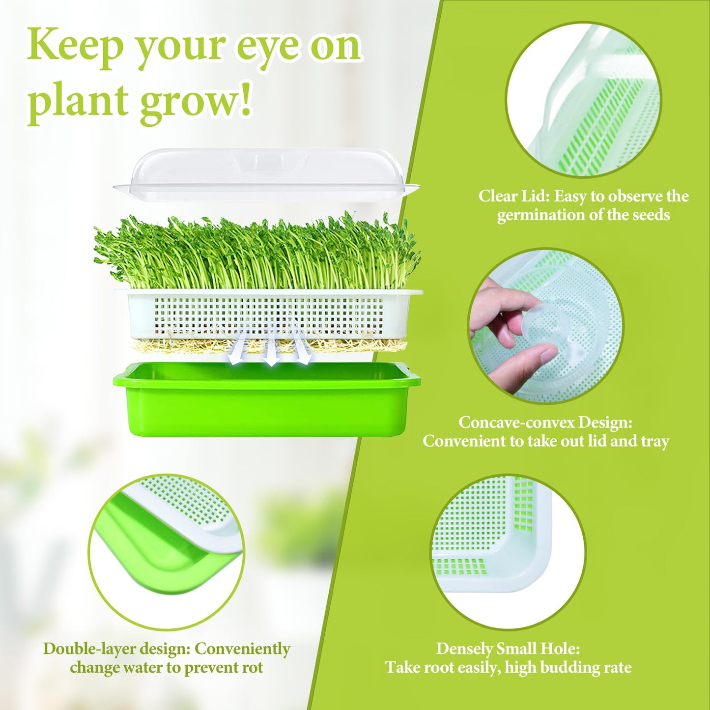 Legigo 8 Pack Seed Sprouter Trays with Lids- Soil-Free Cultivation Germination Tray, BPA Free Micro Greens Growing Trays Seed Sprouting Trays Kit with Germinating Paper for Wheatgrass, Beans and More