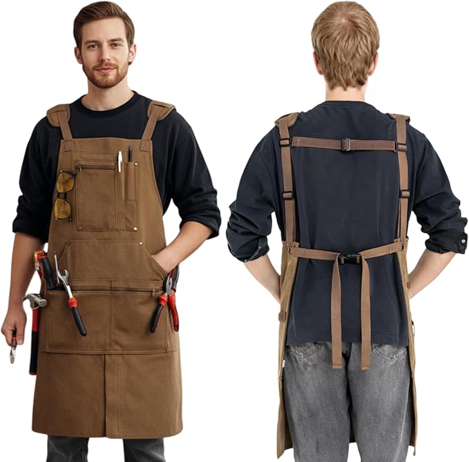 Waxed Canvas Work Apron Heavy Duty 20oz with 11 Pockets, Fully Adjustable for Carpenter, Woodworking, Blacksmith, Workshop & Garage