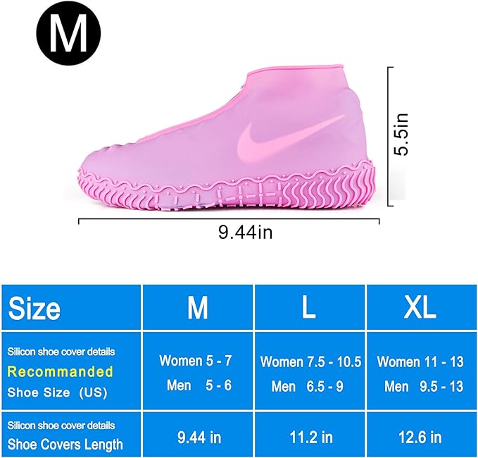 Waterproof Shoe Covers, Silicone Reusable Shoe Cover Non-slip Durable Zipper Elastic Rain Cover Protection for Men Women (M (Women 5-7, Men 5-6), Pink)