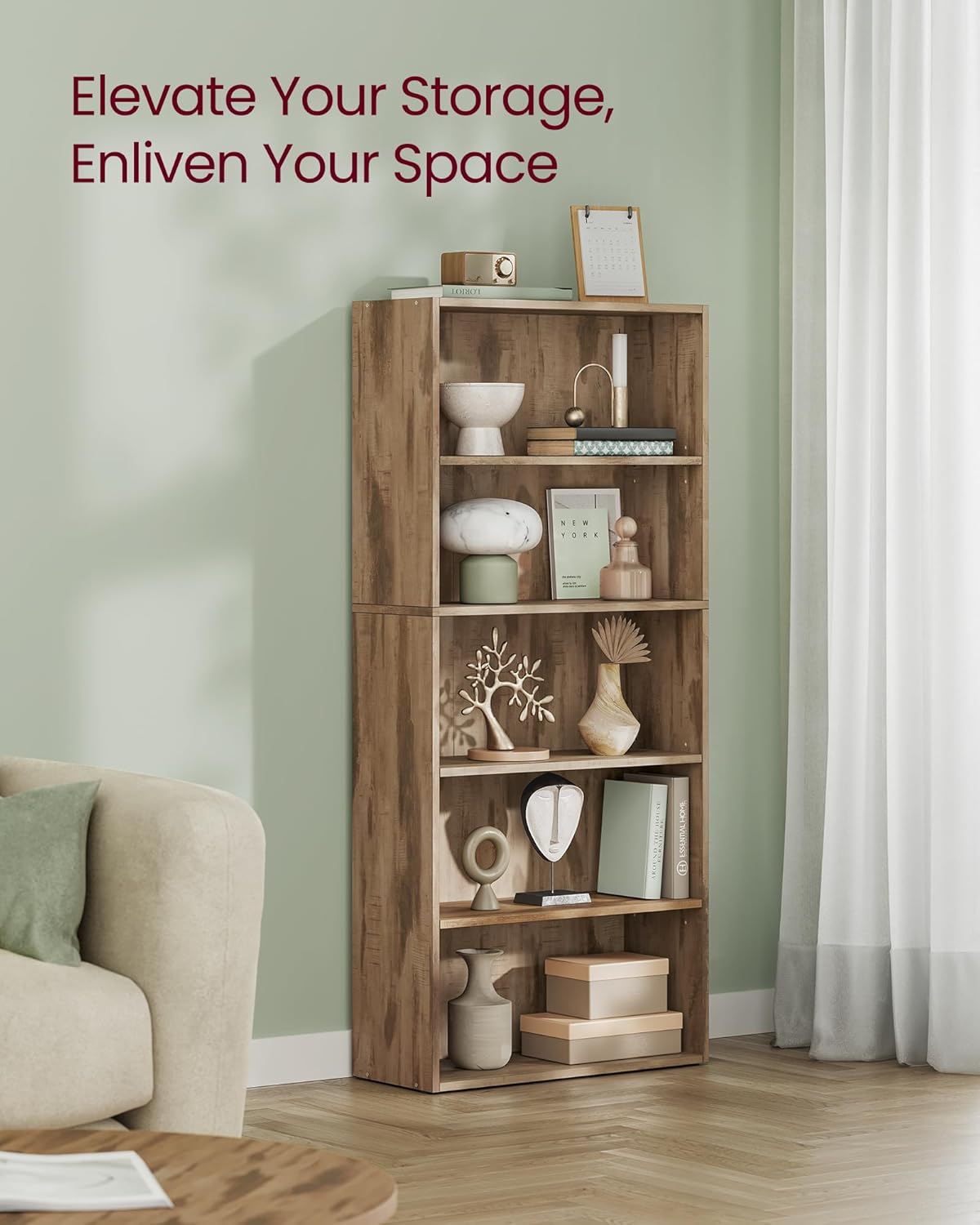 VASAGLE Custos Collection - Bookshelf, 5-Tier Bookcase, Book Shelf, Open Storage Shelf, 9.4 x 23.6 x 52.8 Inches, for Living Room, Home Office, Dinning Room, Camel Brown ULBC165T50