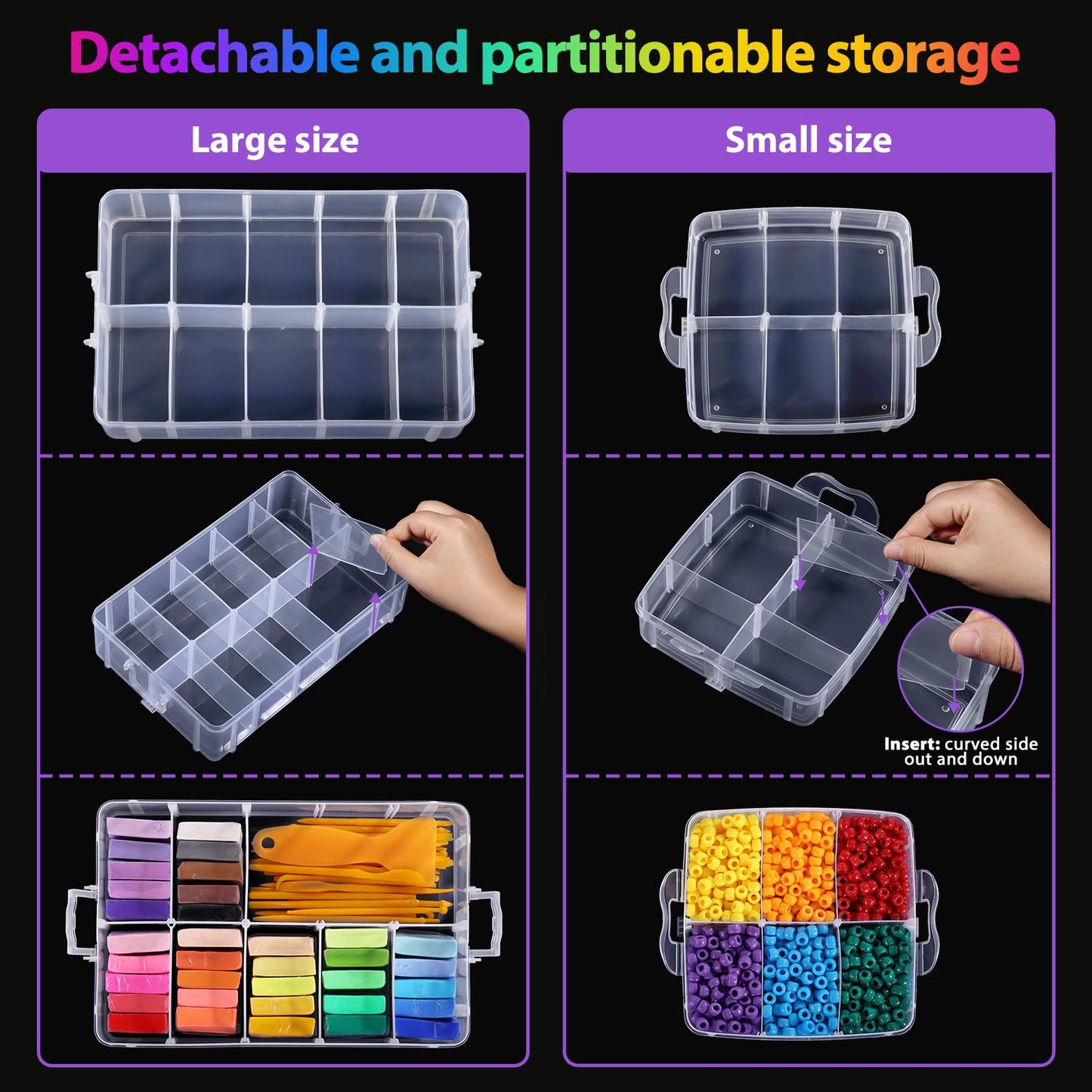 Bead Organizer, 2 Pack Craft Storage with Removable Dividers, Clear 3-Tier Plastic Organizer Box, Small Parts Organizers for Jewelry, Art, DIY Crafts, Kids Toys, Small Items
