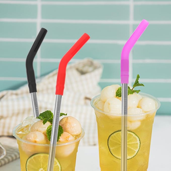 Unomor 6Pcs Reusable Stainless Steel Drinking Straws with Silicone Tips Anti-scald Smooth Inner Wall for Tumblers Mugs Wine Glasses Multi-color for Parties and Everyday Use