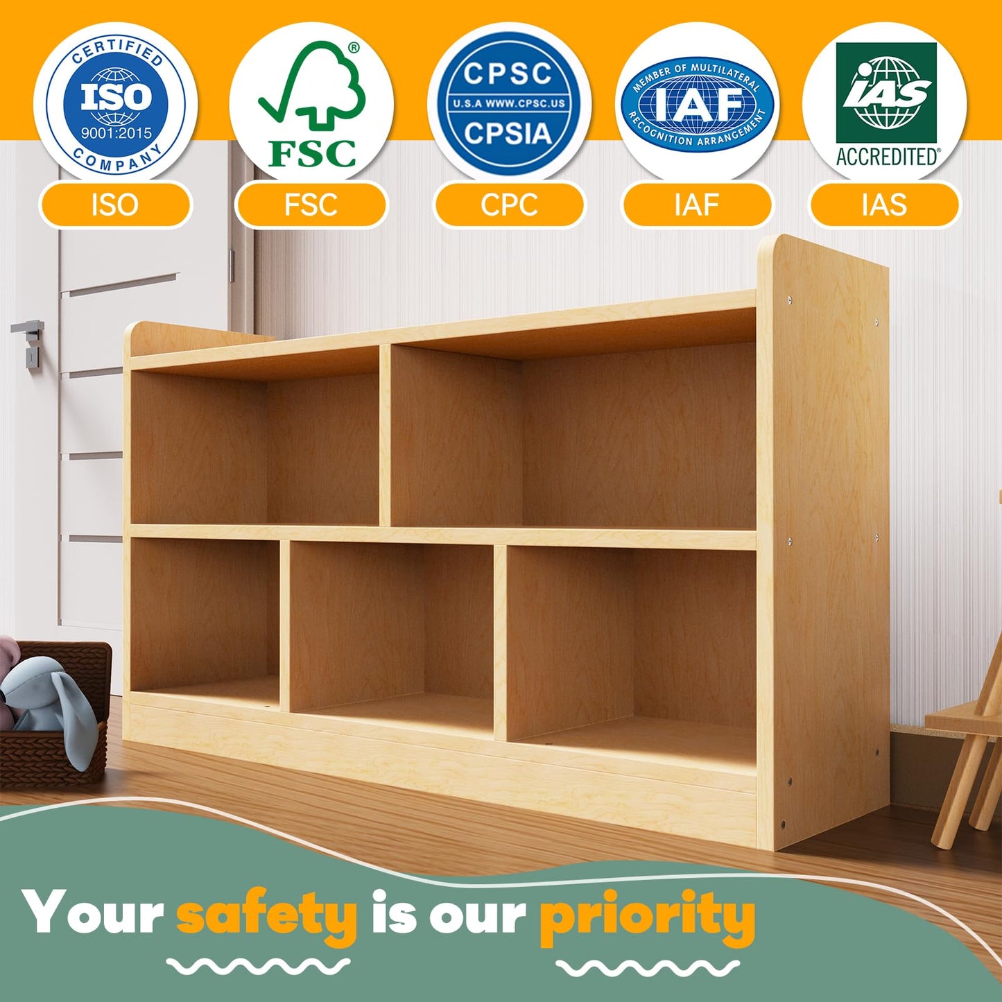 bbgroundgrm Birch Plywood Wood Montessori Shelf - 5-Section Storage Cabinet, 2-Shelf Organizer for Kids, Ideal for Classrooms, Playrooms, Daycares, and Preschools
