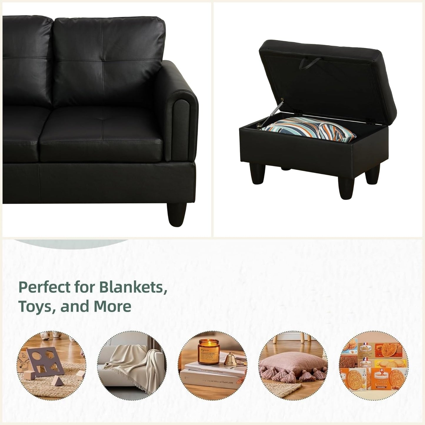 L Shaped Sectional Couches for Living Room, Modular Sectional Sofa with Ottoman Storage, Modern Comfy 4 Seat L Shaped Couch with Chaise for Bedroom Apartment Furniture, Black