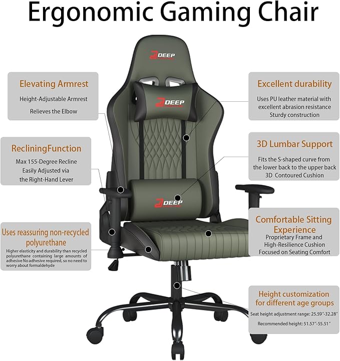 Video Game Chair Ergonomic Comfortable Gaming Office Chair Height-Adjustable with a 360° Swivel Base and Headrest(1002-Grey)