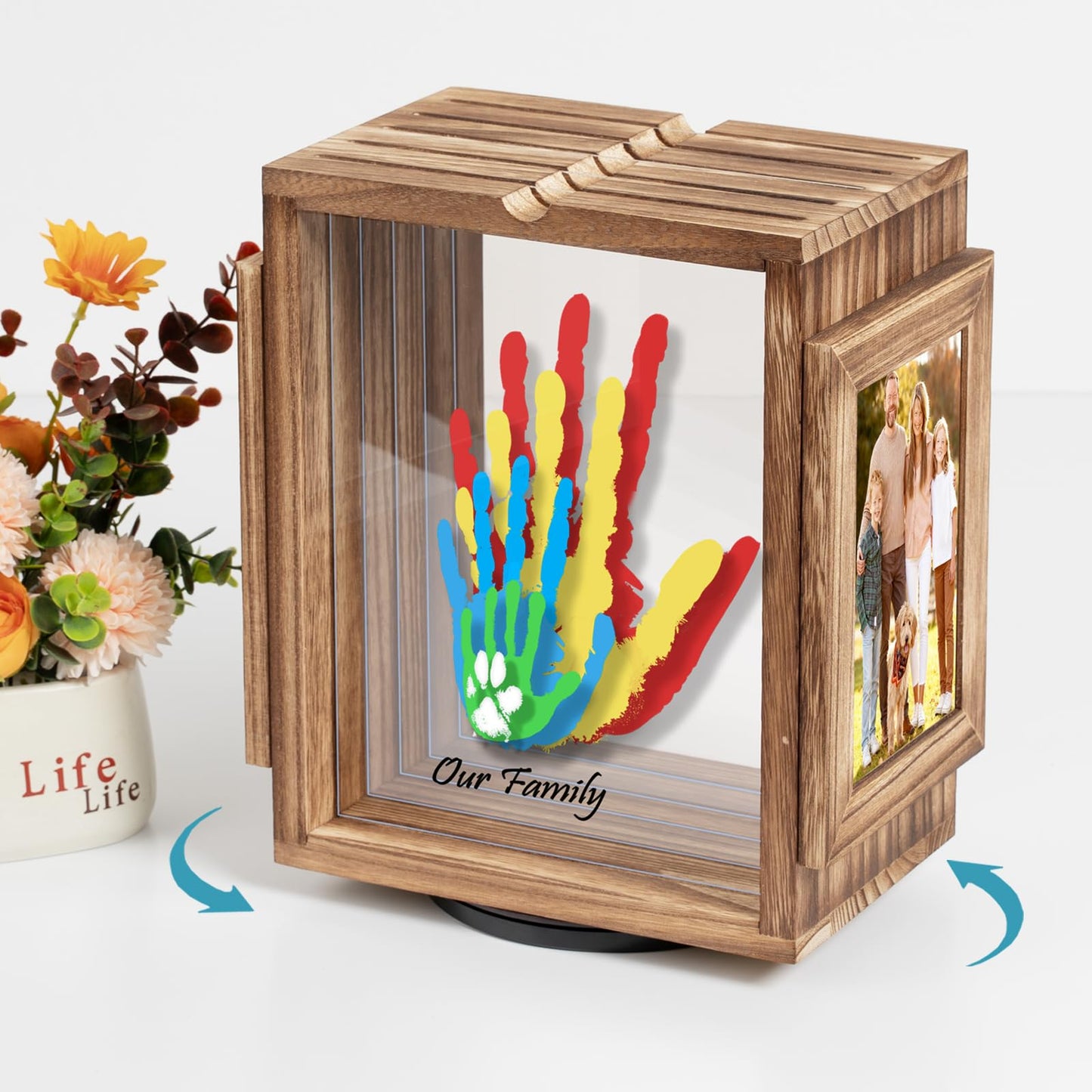 Emfogo 360 Rotating Family Handprint Kit, DIY Craft Keepsake Wooden Frame, Baby Footprint Kit, 5 Paint Colors Included, Non-Toxic Paints&Transparent Sheets, Gifts for Handprint Family Keepsake（Brown