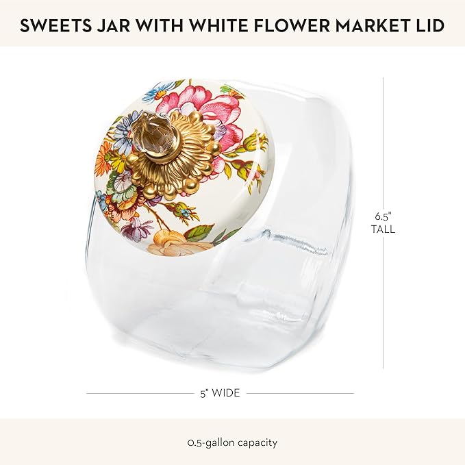 MACKENZIE-CHILDS Sweets Jar with Enamel Lid, Small Glass Cookie Jar or Kitchen Jar, 0.5-Gallon Capacity, White Flower Market