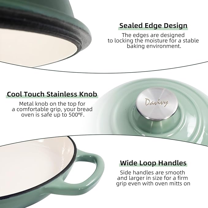 Davivy 5.5QT Sourdough Dutch Oven with Domed Lid, 10" Round Bread Dutch Oven, Enameled Cast Iron Bread Oven, Bread Oven for Sourdough - Sea Salt Green