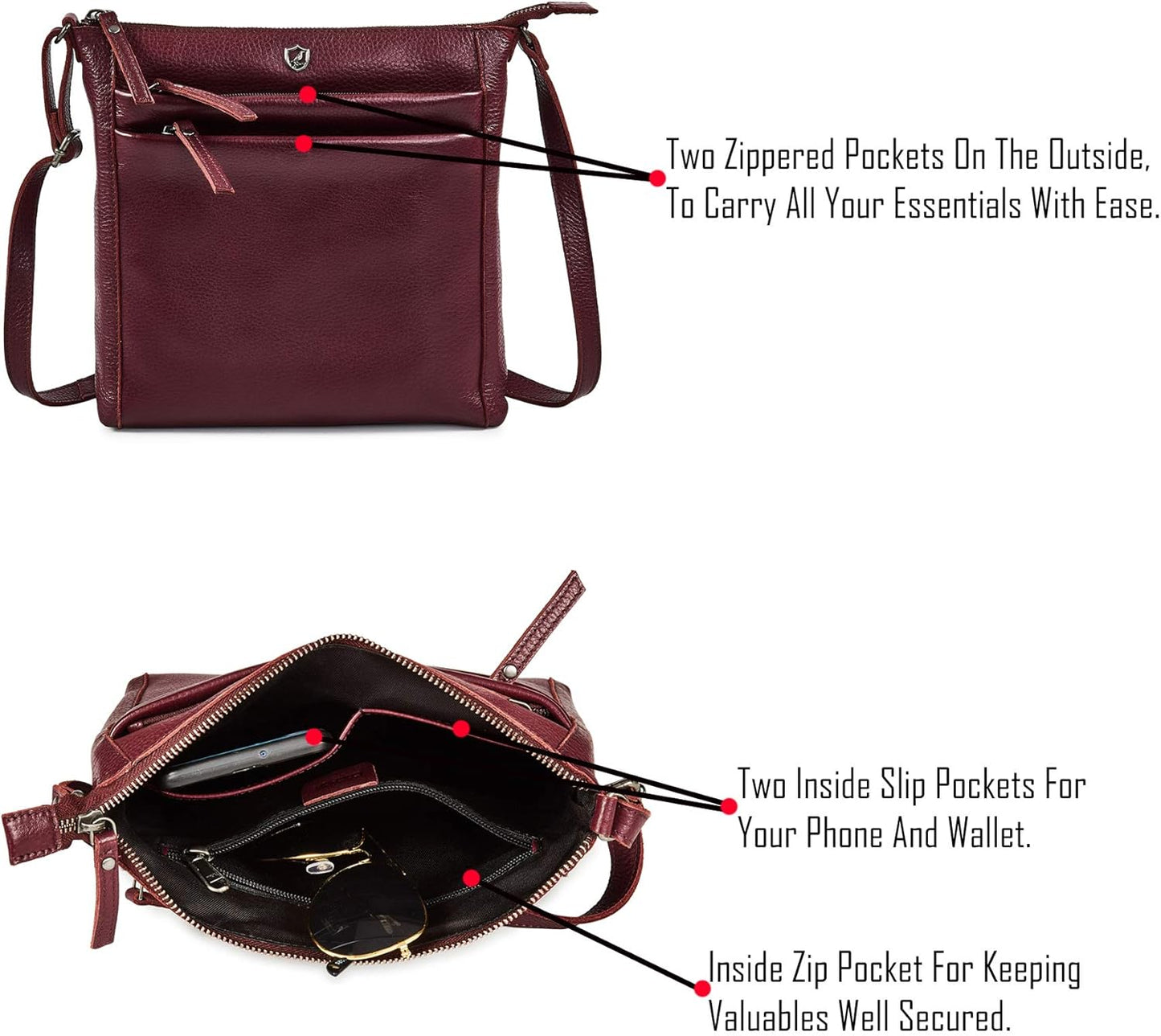 Small Soft Genuine Leather Crossbody Purse Women’s Sling Crossover Shoulder Travel Handbag with Triple Zipper