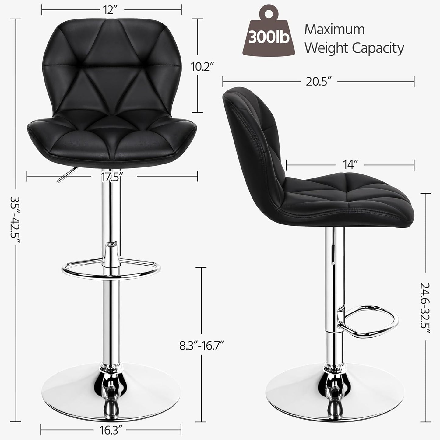 Yaheetech Bar Stools Set of 2, Modern Adjustable Kitchen Island Chairs, Black PU Leather Swivel Counter Stools for Bar, Kitchen Counter, Black