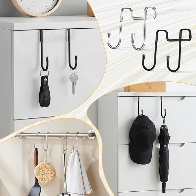 20 PCS Over Cabinet Hooks Double S Shaped Cabinet Drawer Hanger Stainless Steel Metal Heavy Duty Hooks for Kitchen Bathroom Closet Drawer Wardrobe Doors Bags Towels Key