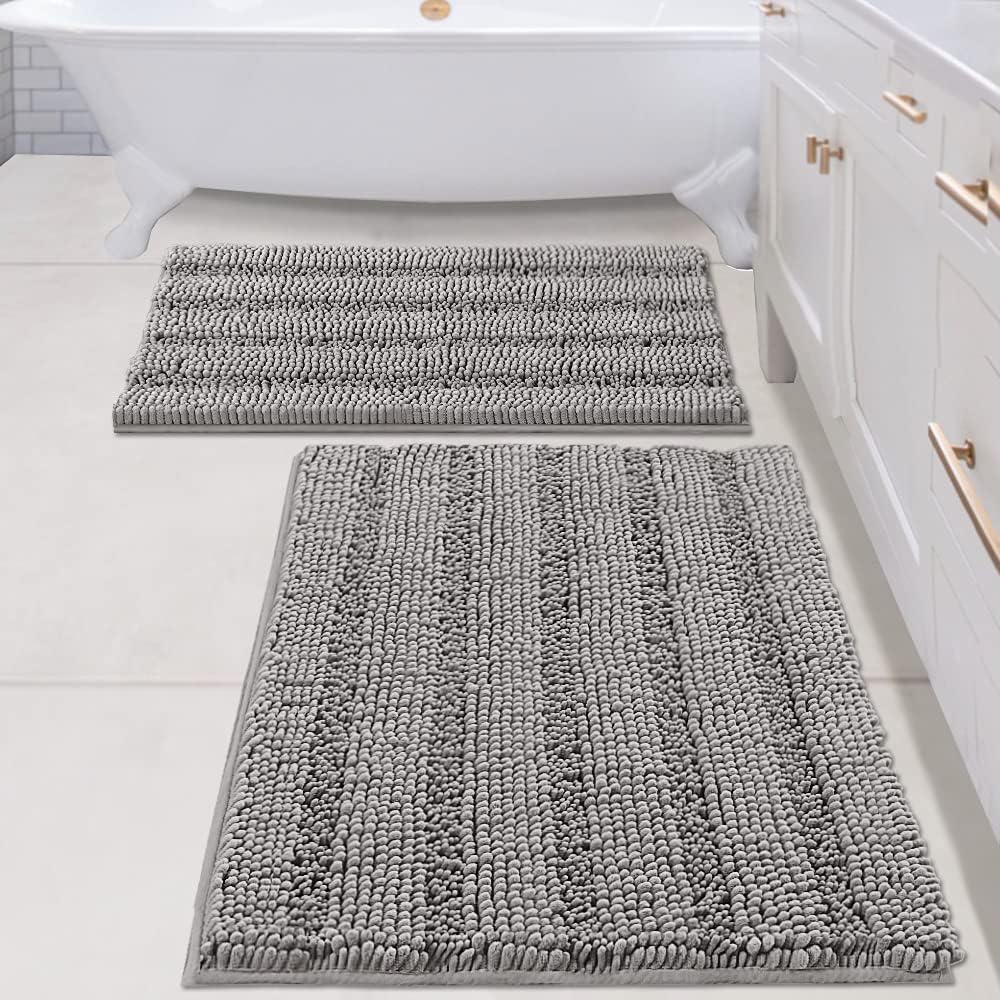 H.VERSAILTEX 2 Piece Bathroom Set - Super Absorbent Chenille Striped Bath Mats, Non Skid, Machine Washable (Dove Grey, 24 x 36 Plus 20 x 32 - Inches)
