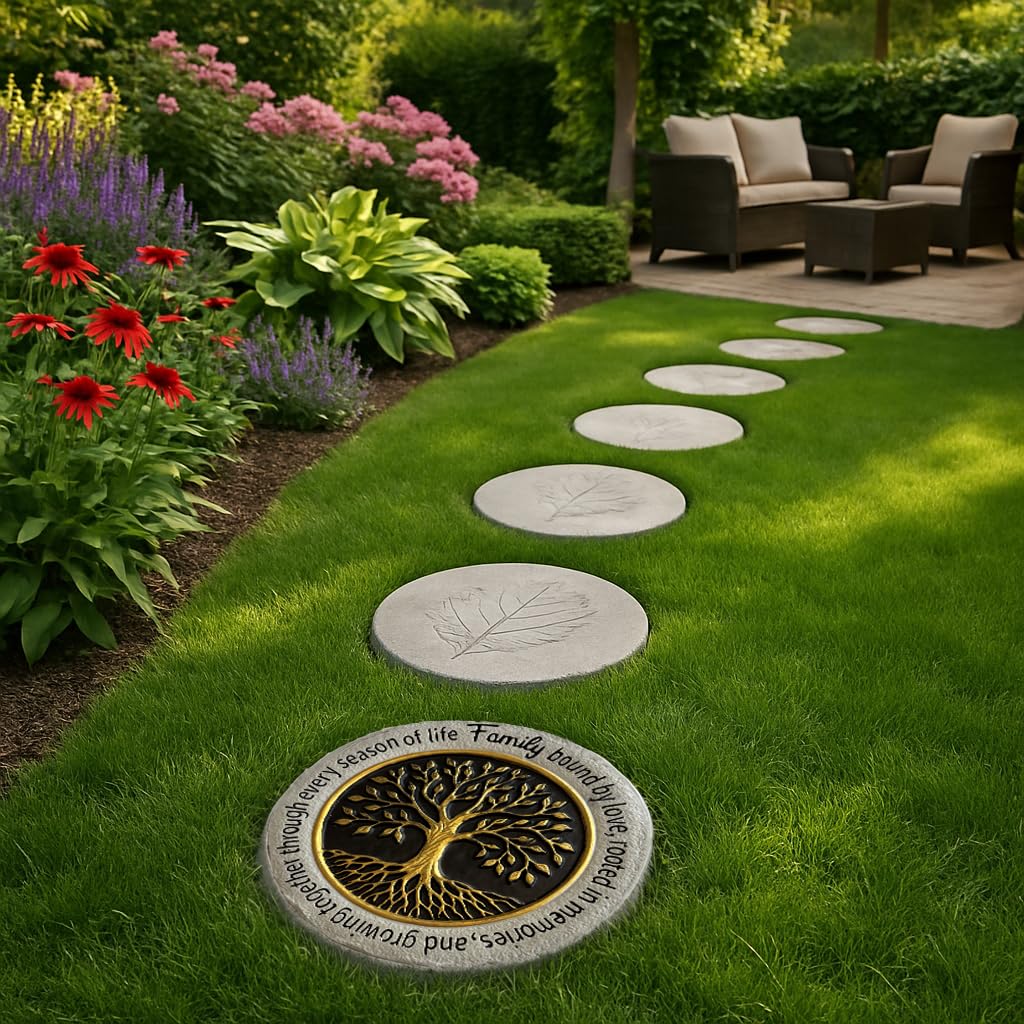 VEOJEIN Family Tree Garden Stepping Stone, 9.45 Inch Round, Gold Tree of Life Design, Weather-Resistant Outdoor Decor