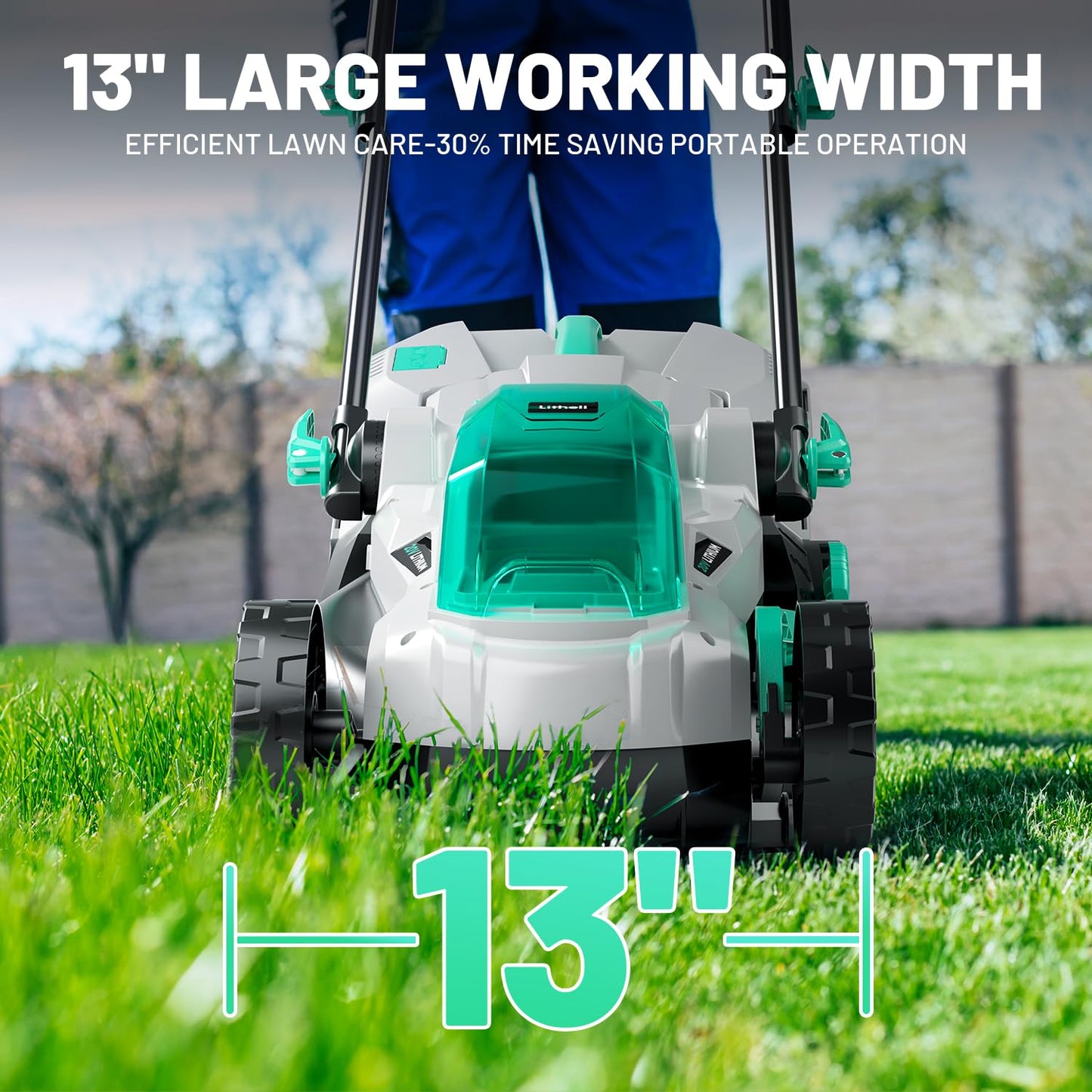 Litheli 20V 13" Cordless Lawn Mower, Electric Lawn Mowers for Garden, Yard and Farm, 5 Heights, with Brushless Motor, 4.0Ah Battery & Charger Included