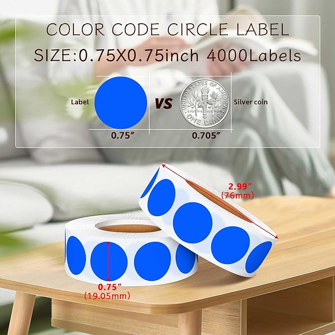 0.75 Inch 4 Rolls of 4000 Colorful Dots Sealing Stickers,3/4"Round Permanent Adhesive Color Coding Labels,Blue Dots Stickers for Home Decorative, Storage Bins, Moving Containers & Organization