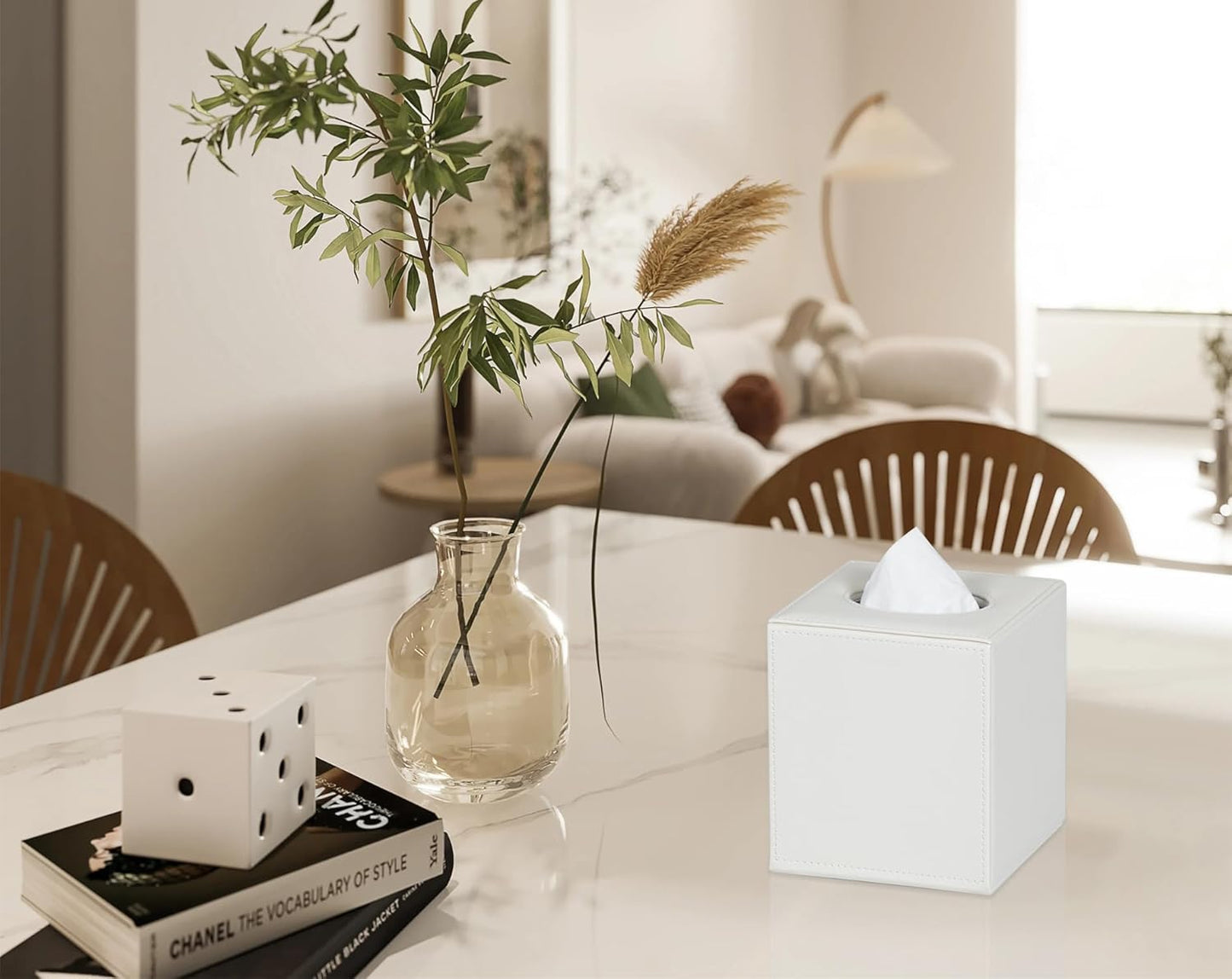 Tissue Box Cover Square Tissue Box Holder for Bathroom (White)