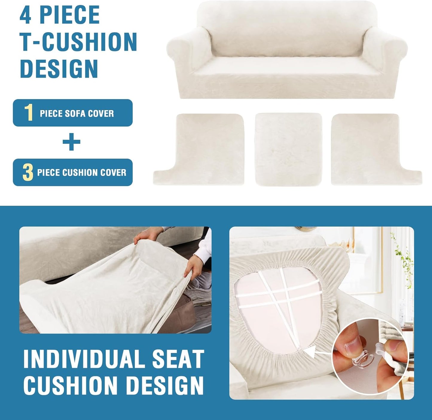 H.VERSAILTEX Sofa Cover 4 Piece T Cushion Sofa Slipcovers Thick Velvet Couch Cover Stretch T Cushion Sofa Covers for 3 Cushion Couch with 3 Individual T Cushion Covers, Porcelain