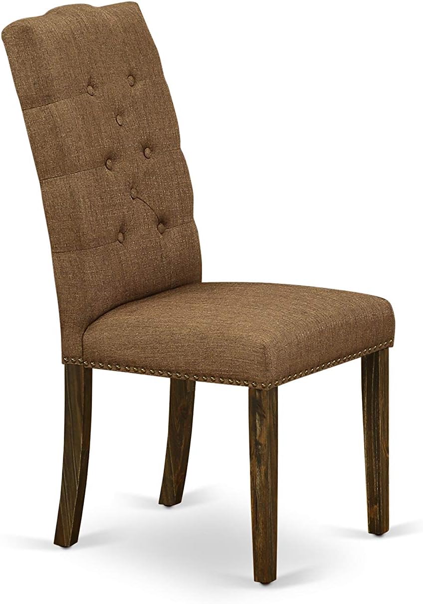 East West Furniture ELP7T18 Elsa Parson Chairs - Button Tufted Nailhead Trim Brown Linen Linen Fabric Padded Dining Chairs, Set of 2, Jacobean