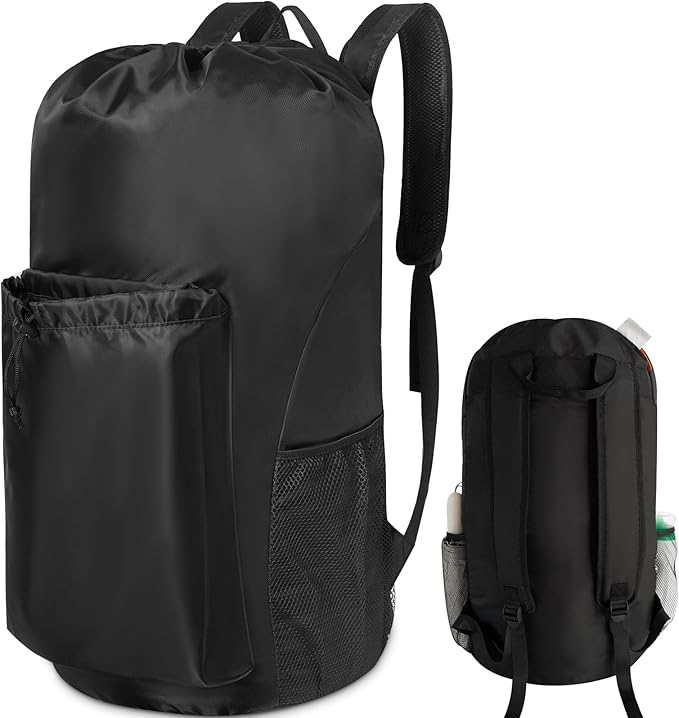 Polecasa Extra Heavy Duty Large Backpack Laundry Bag with Comfortable Padded Shoulder Straps & 4 Pockets, Durable Storage Bags, Drawstring bag for Dorm, College, Travel, Black