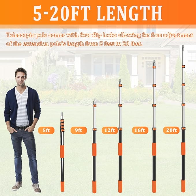28FT Reach Telescopic Extension Pole, 5-20FT Multi-Purpose Extendable Pole with Universal Twist-on Metal Tip, Lightweight Sturdy Aluminum Paint Roller Extension Pole for Dusting Painting Cleaning