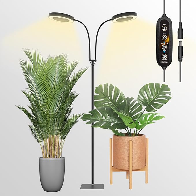 GLOWRIUM Grow Lights for Indoor Plants, Full Spectrum LED Grow Light Floor Lamp with Stand Adjustable Height and Angle, Black Plant Light with 3/9/12H Grow Light Timer (Black, 36W)