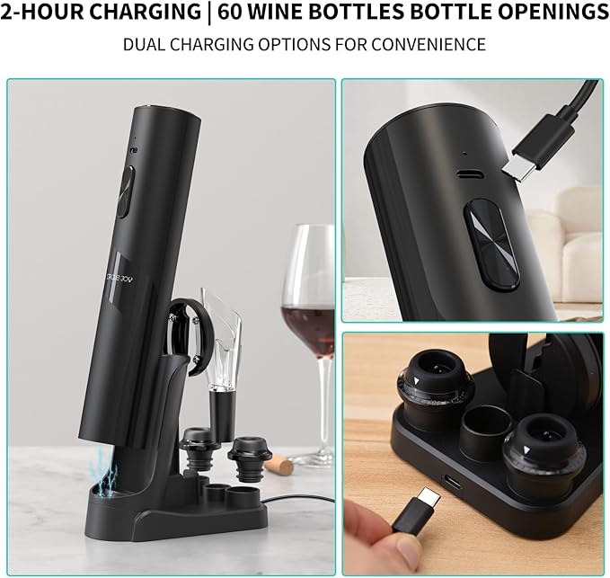 CIRCLE JOY Rechargeable Wine Opener Electric Wine Bottle Opener 7-in-1 Wine Gift Set with Electric Vacuum Pump, Charging Station, Foil Cutter, Wine Aerator Pourer and 2 Wine Stoppers