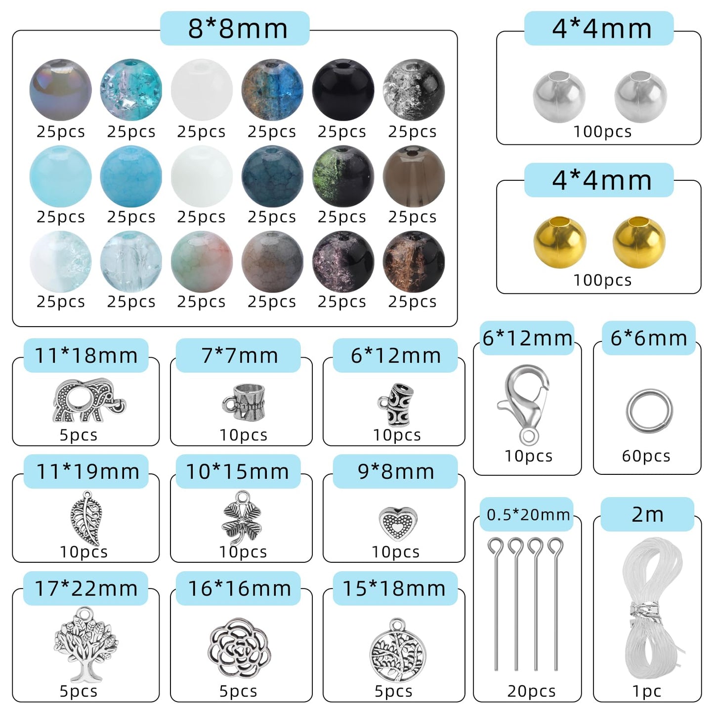 KINGSHINE 8mm 18 Colors Glass Beads for Jewelry Making, 810pcs Charm Bracelet Making Kit - Crystal/Crackle/Stone/Gold & Silver Pendant Spacer Beads for Adults Bracelets Necklace Earring DIY Supplies
