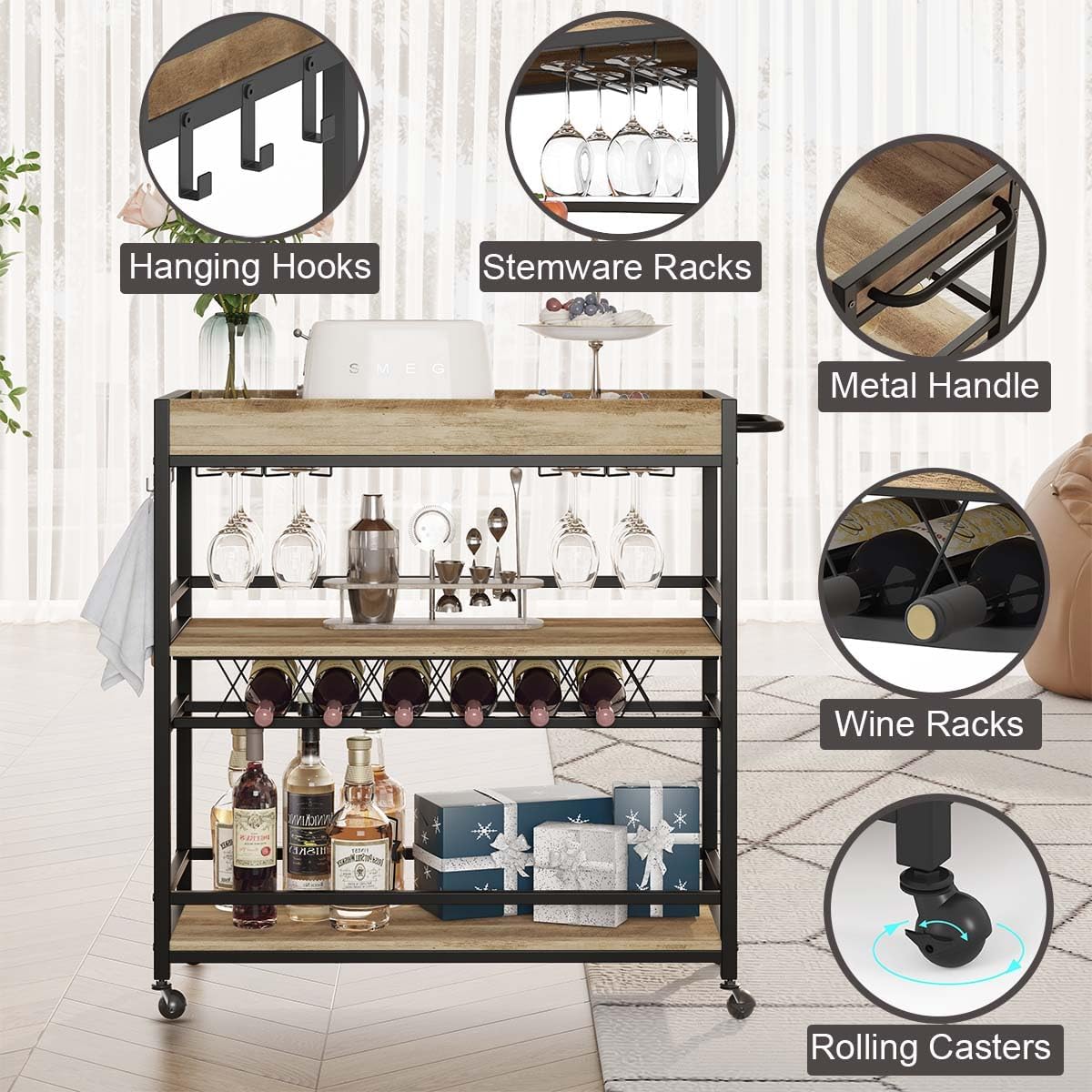 BON AUGURE Bar Cart for The Home, Bar Serving Carts on Wheels, 3 Tier Storage Drink Trolley, Rolling Wood and Metal Liquor Beverage Cart (Vintage Oak)