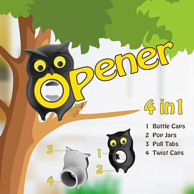 4-in-1 Manual Owl Bottle Opener - BPA-Free Multi-Function Opener for Bottle Caps, Jars, Pull Tabs & Twist Caps, Ergonomic Design for Kids, Seniors & Weak Hands (Black)