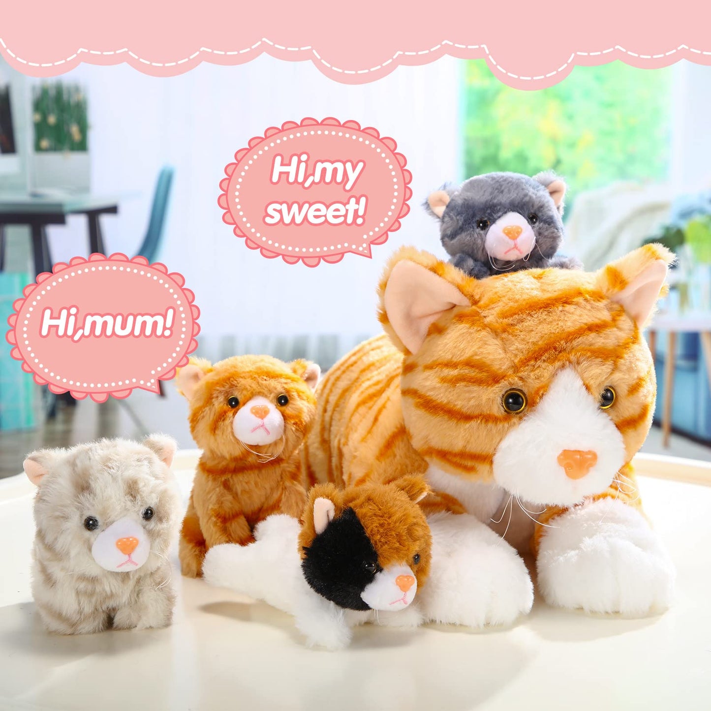 Skylety 5 Pieces Cat Stuffed Animal with Babies Inside Belly Plush Cat Pregnant Mommy Kitty with 4 Cute Fluffy Stuffed Kittens Christmas Birthday Surprise Gifts(Orange)