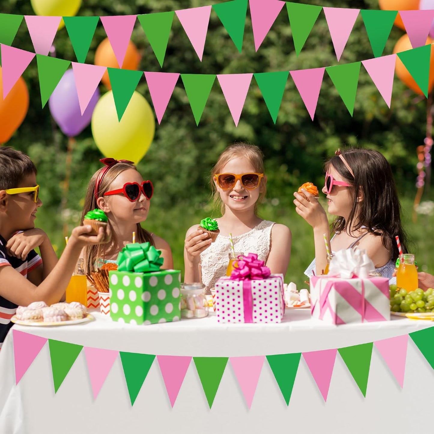 Pasimy 49.21 ft 60 Pieces Party Pennant Banner Flags Decorations String Triangle Flags for Birthday Baby Shower Carnival Movie Witch Crown Party Supplies (Pink and Green)
