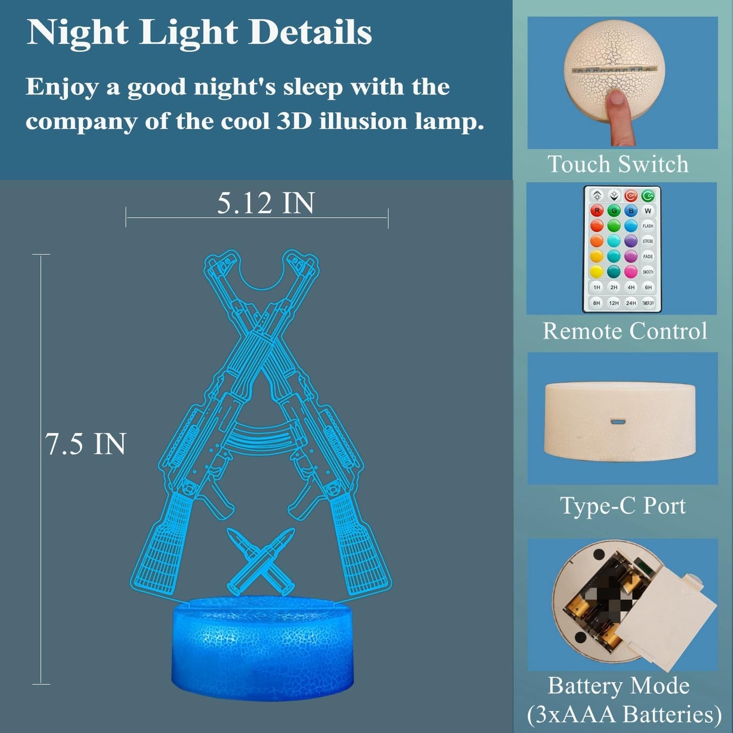 AK47 Night Light, Gun Model Gifts, 16 Colors Changing 3D Lamp with Remote Control, Dimmable, RGB Flashing Mode and Timer, Game Living Room Decoration, Holiday Xmas Gifts