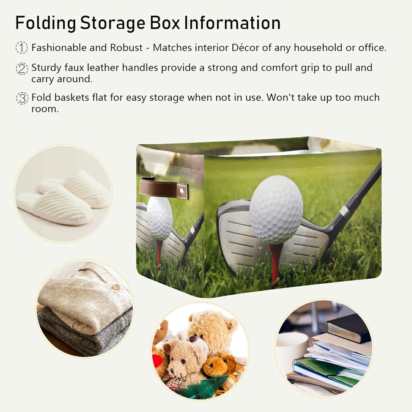 Sport Golf Ball Theme Storage Basket Bins, Decorative Baskets Storage Box Collapsible Storage Cubes Organizer with Handles for Nursery Shelf Closet Office Home Bedroom, 1 Pack