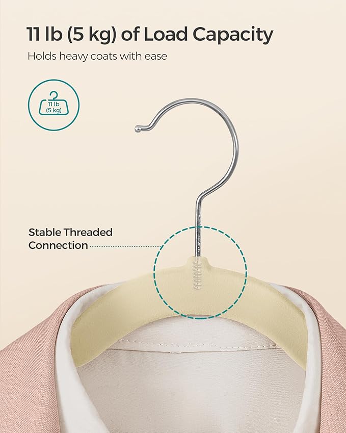 SONGMICS Velvet Hangers 100 Pack, Non-Slip Clothes Hangers with Shoulder Notches, Pants Bar, 360° Swivel Hook, Space-Saving, for Closet, Summer Sand UCRF029K100