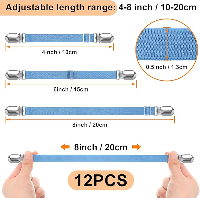 Boao 12 Pcs Bed Sheet Clips Straps Sheet Corner Straps Holder Adjustable Mattress Clips, Elastic Bed Grippers Suspender Fasteners Holder for Home(Sky Blue,4-8 Inch Length)