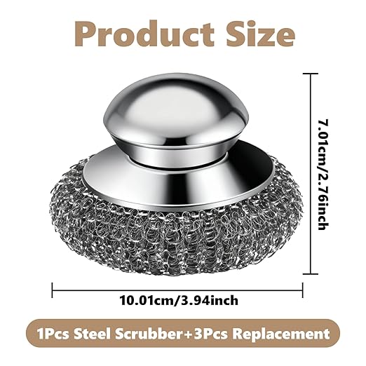 Steel Wool Scrubber, 4-Pack Stainless Steel Scrubber Pads with Handle - The Ultimate Scouring Solution for Rust, Stubborn Messes on Cookware, Grill, Oven & Kitchen Sinks