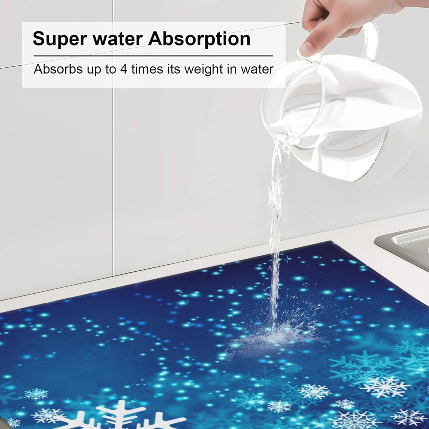 Dish Drying Mat Christmas Snowflake Blue Xmas Winter for Kitchen Counter Absorbent 16x18 Inch Microfiber Dishes Plate Glass Dry Draining Pad Reversible Washable