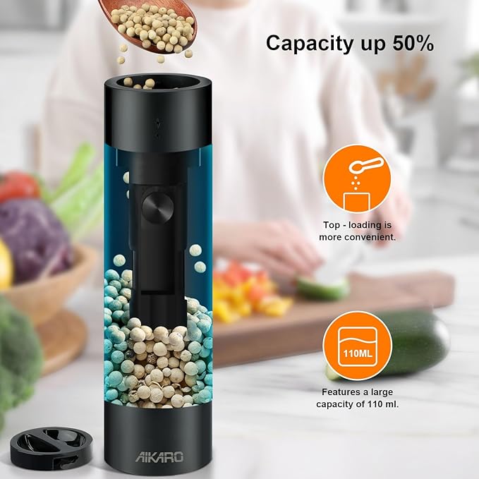 AIKARO - Electric Salt and Pepper Mill Automatic Spice Grinder, Battery Operated