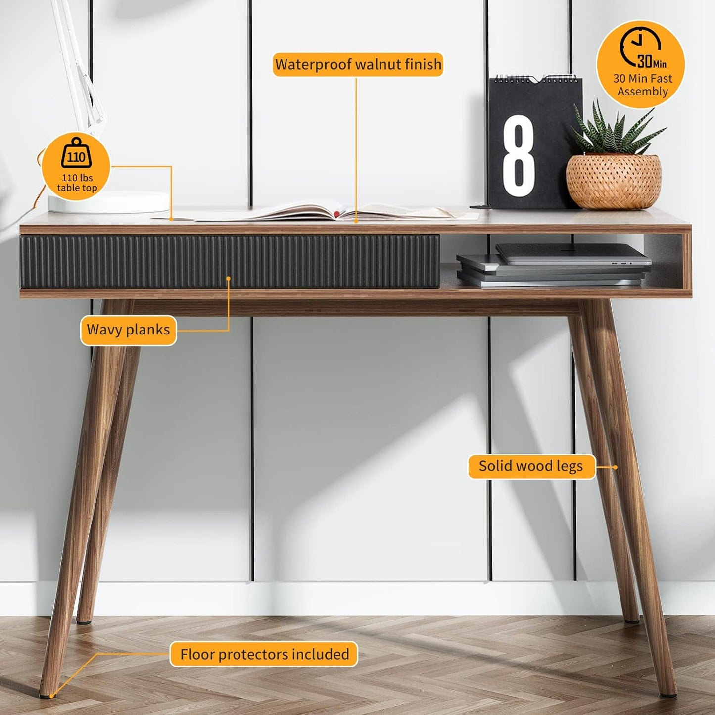 Artswish Mid Century Modern Office Desk with Drawer - Simple Writing Desk for Home Office, Walnut