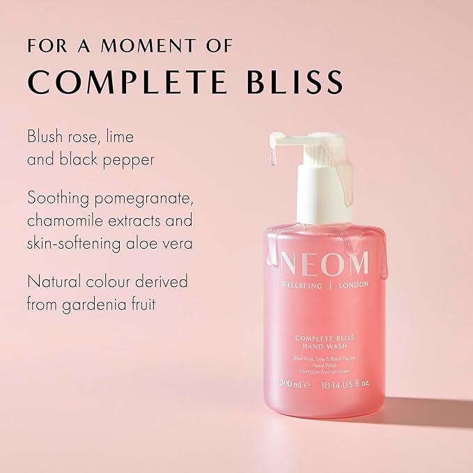 Neom Complete Bliss Hand Wash, 300ml | Blush Rose, Lime & Black Pepper I Natural colour derived from gardenia fruit I 100% Recyclable Bottle I Refillable