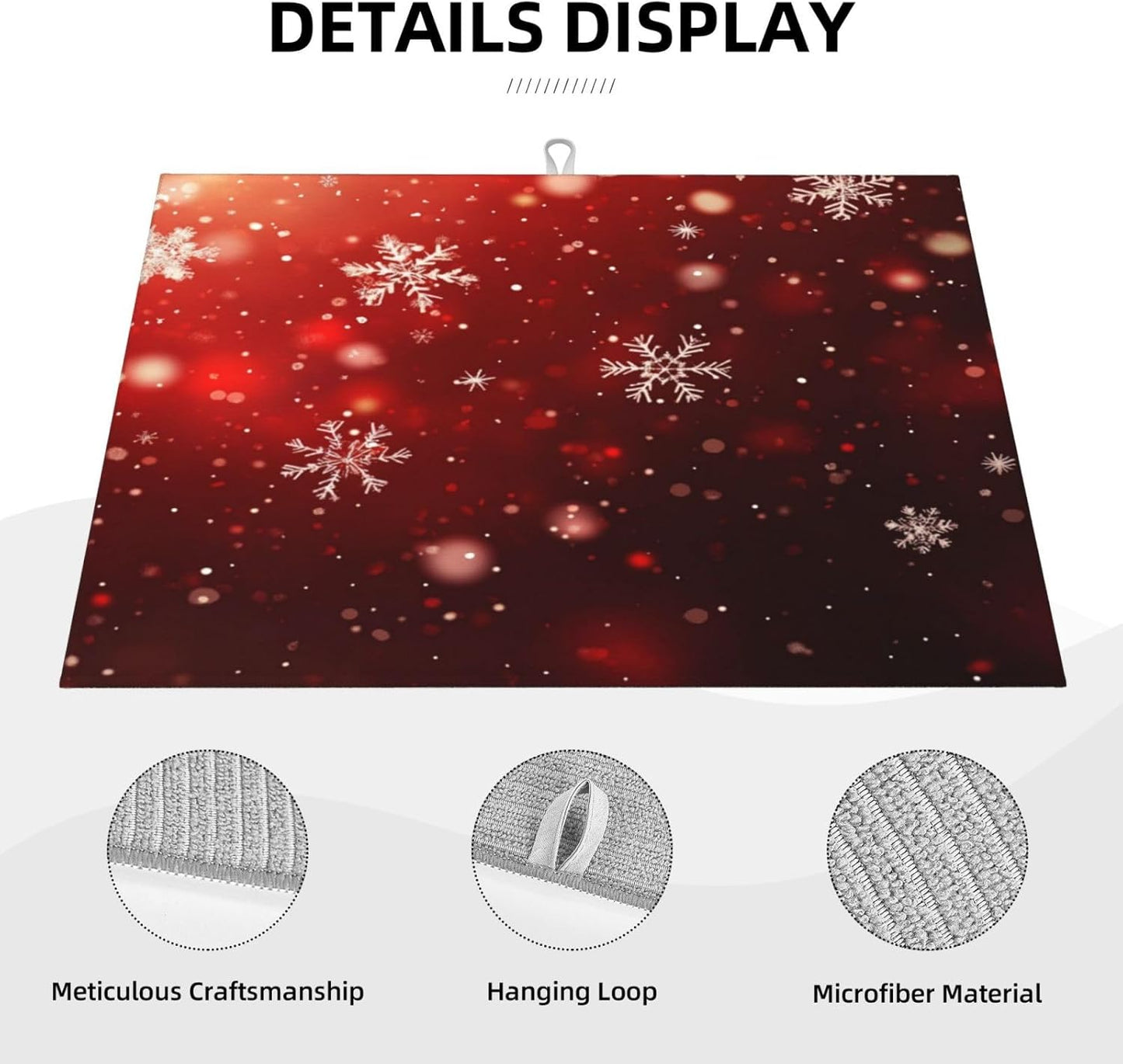 Dish Drying Mat Red Christmas Snowflake Xmas Glitter Absorbent Microfiber Non Slip Quick Dry Heat Resistant Holiday Decorative Kitchen Counter Mat for Plates Cups Glasses 18x24 Inch