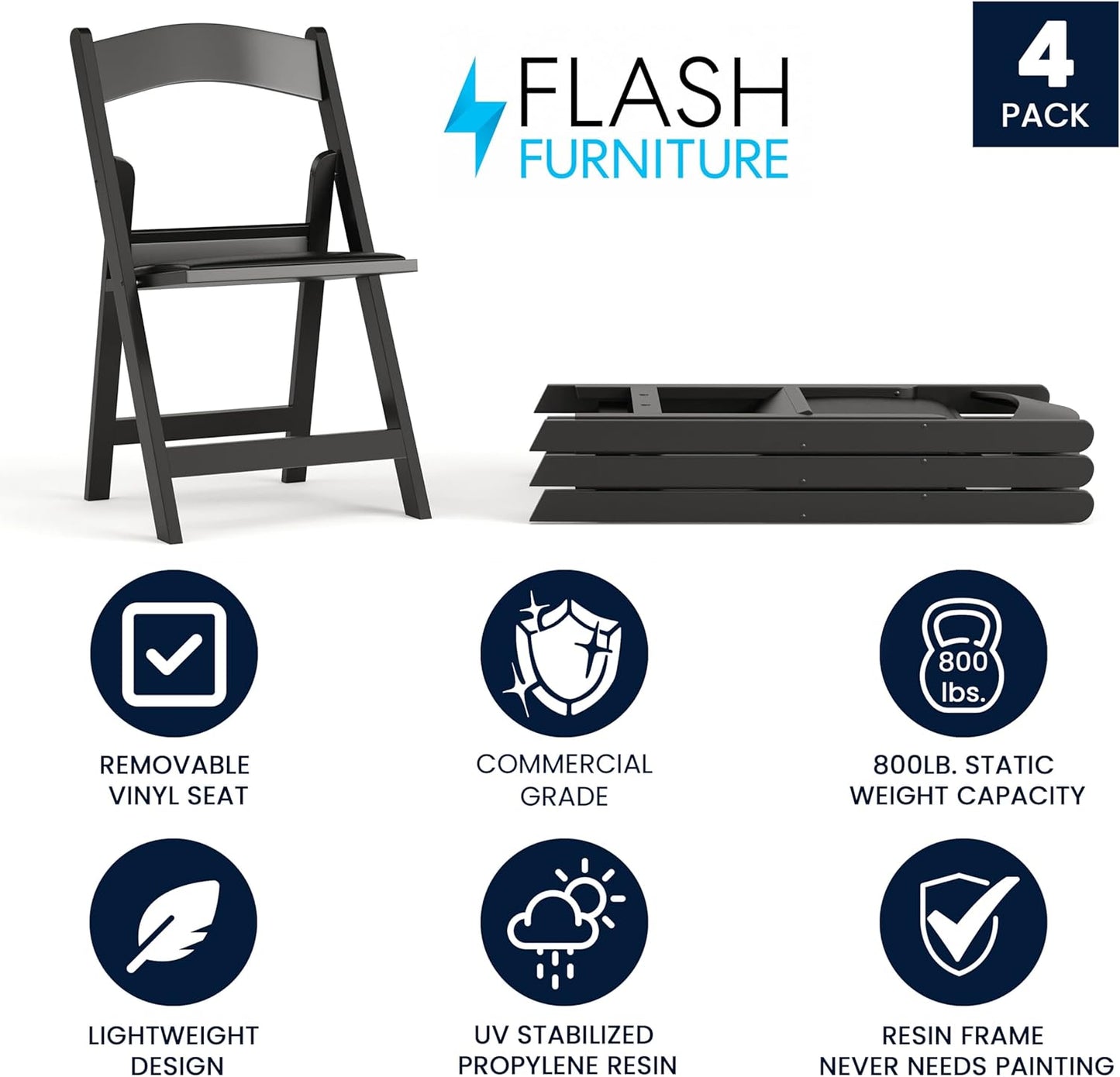 Flash Furniture Hercules Series Folding Chairs for Weddings and Formal Events, Stackable Commercial Event Seats with 1,000-lb. Static Weight Capacity, Set of 4, Black