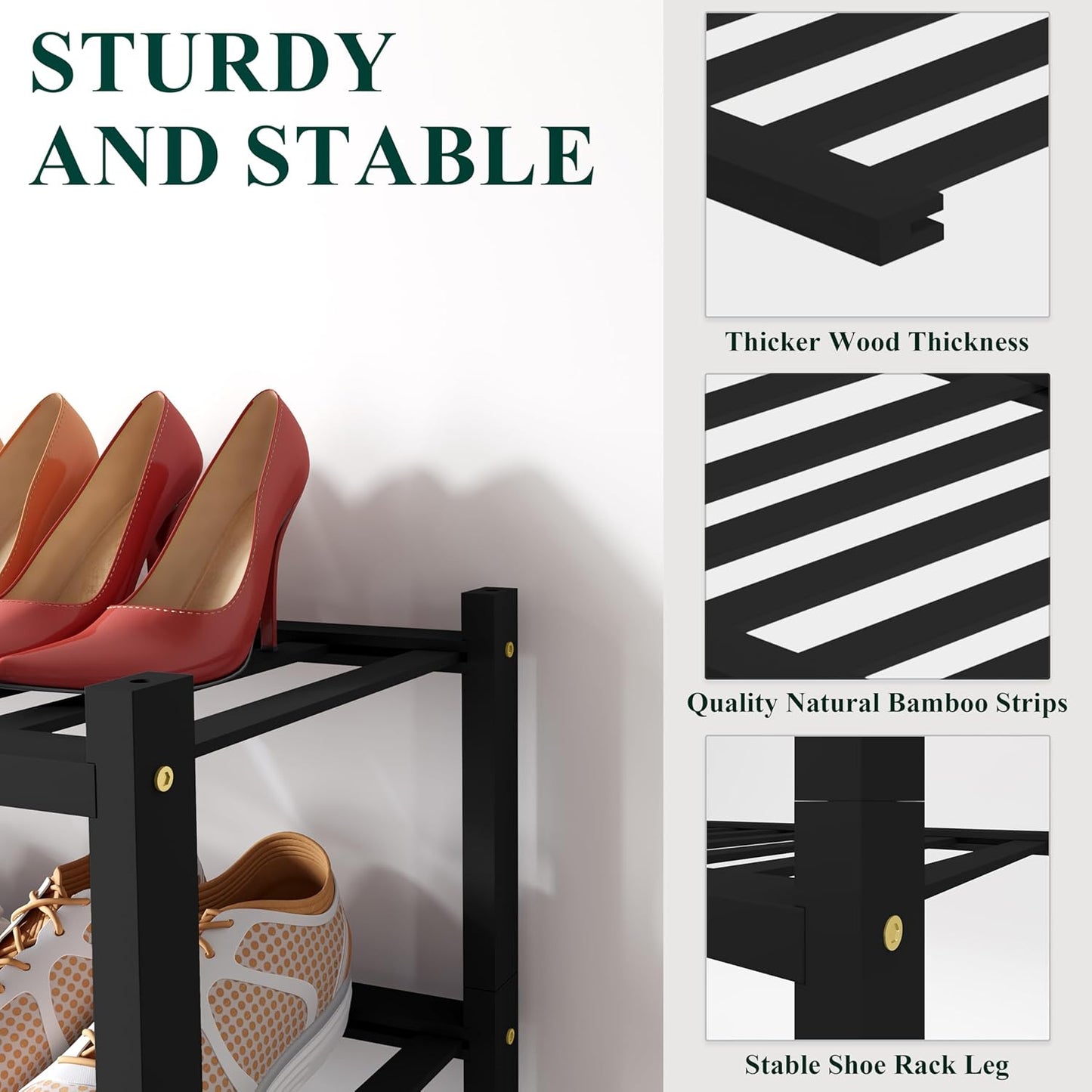 Smiry Shoe Rack, 4 Tier Long Bamboo Shoe Organizer, Stackable Free Standing Wooden Shoe Storage Shelf for Closet, Entryway, Front Door Entrance, Black