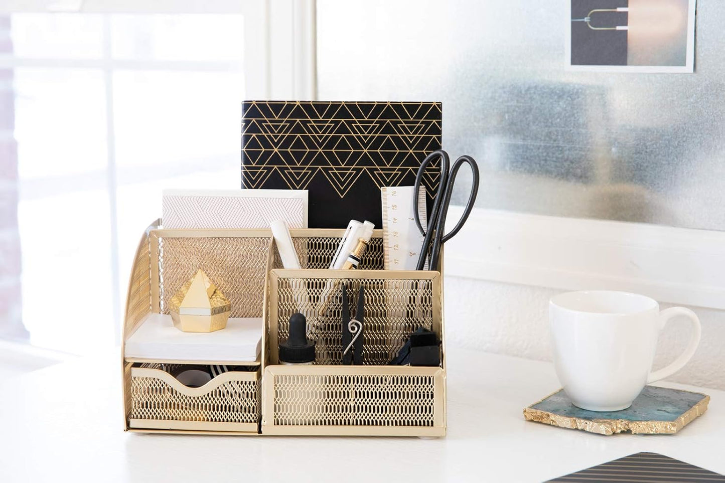 BLU MONACO Gold Desk Organizer with Drawer – Small Desk Caddy & Accessories, Pencil Holder for Office Supplies & Accessories